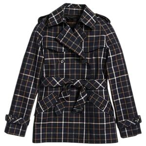 Coach Tattersall Navy Plaid Short Double Breasted Trench Coat